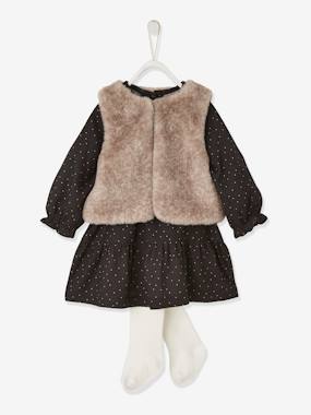 -Dress + Faux Fur Waistcoat + Tights Ensemble for Babies