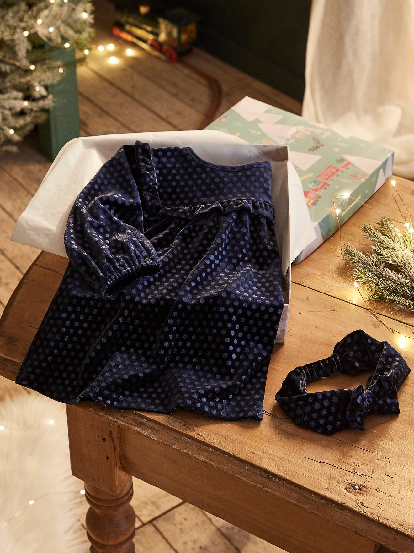 Coffret Cadeau De Noel Bebe Robe En Velours Et Son Bandeau Bleu Indigo Bebe