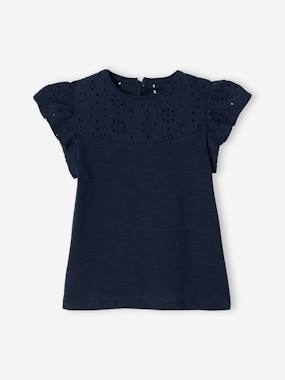 Girls-T-Shirt for Girls, with Broderie Anglaise and Ruffled Sleeves