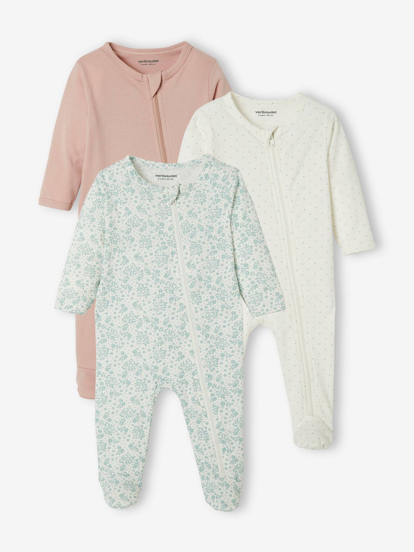 Lot de 3 pyjamas bébé en jersey ouverture zippée BASICS - lot ivoire