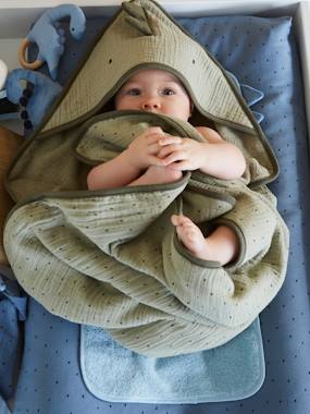 Baby-Bathrobes & bath capes-Bath Cape in Cotton Gauze + Bath Mitt for Babies, Little Dino Theme