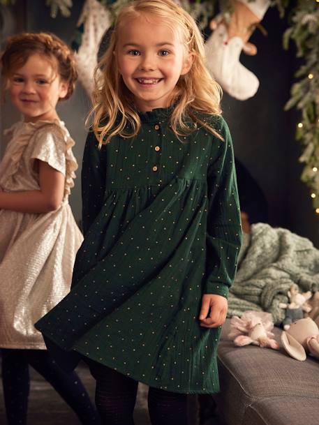 Printed Dress in Cotton Gauze for Girls BROWN DARK ALL OVER PRINTED+BROWN MEDIUM ALL OVER PRINTED+Green/Print+Grey/Print - vertbaudet enfant 