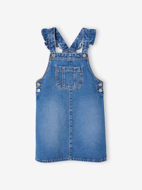 Girls-Denim Dungaree Dress with Frilly Straps for Girls