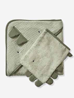 Bedding & Decor-Bath Cape in Cotton Gauze + Bath Mitt for Babies, Little Dino Theme