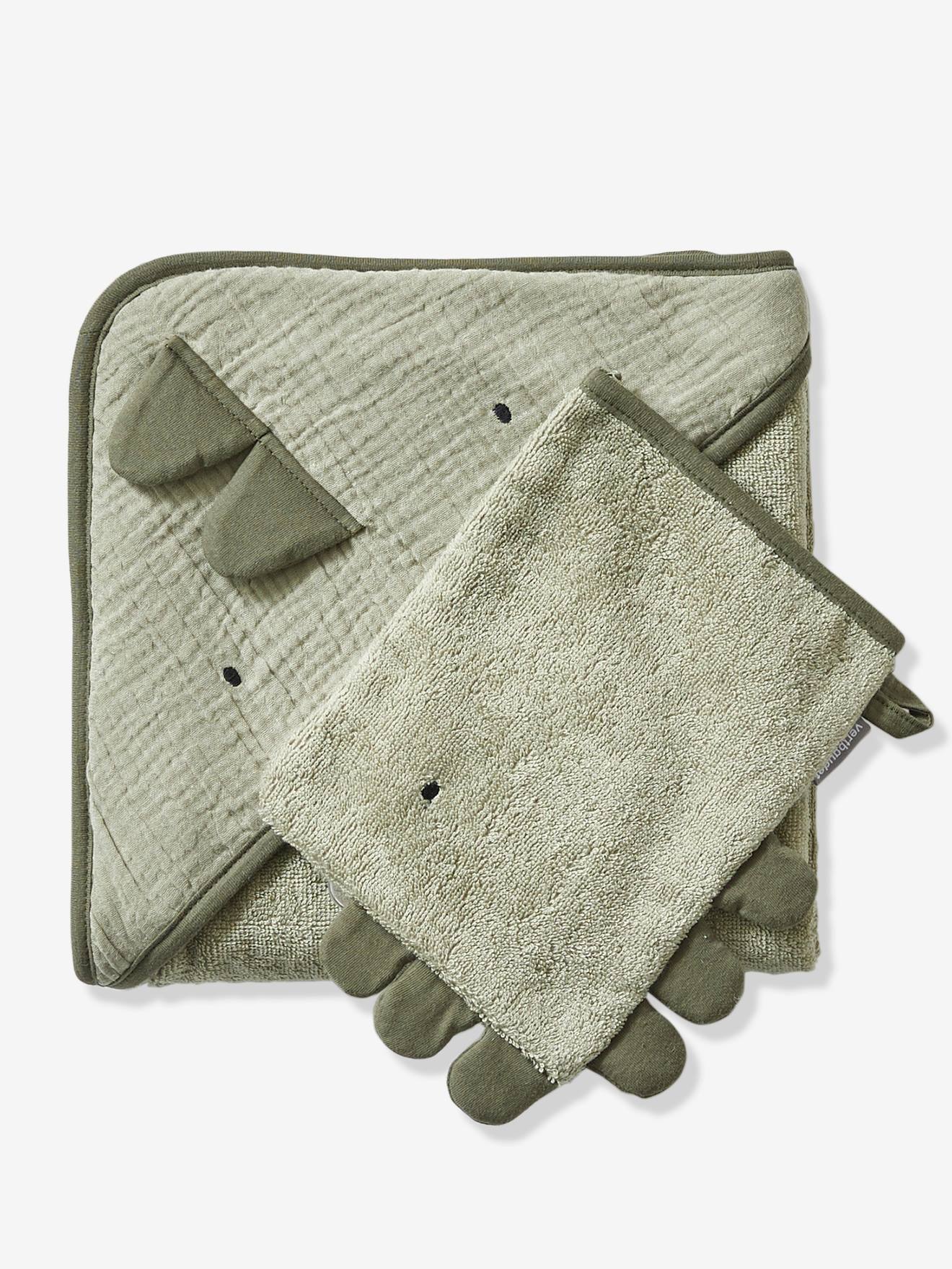 Gants De Toilette Animaux VERTBAUDET - Lot De 2, Vert Sauge, 100% Coton