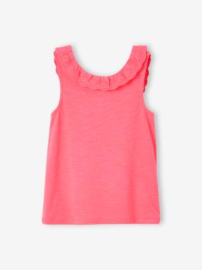 -Sleeveless Top with Frilly Collar in Broderie Anglaise for Girls