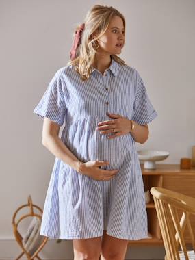 Vêtements de grossesse-Robe-Robe-chemisier rayée courte grossesse et allaitement