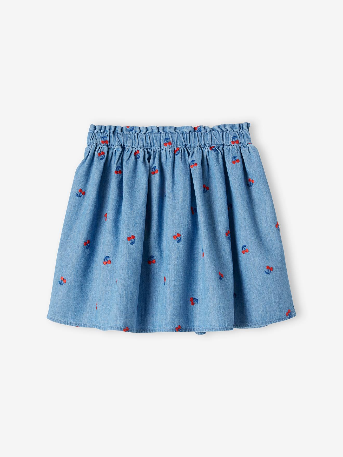 Denim Skirt with Embroidered Cherries for Girls - blue dark wasched, Girls