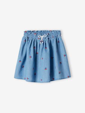 Girls-Skirts-Denim Skirt with Embroidered Cherries for Girls