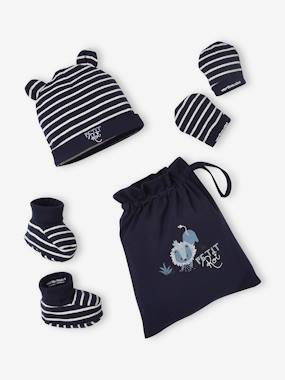 Bébé-Accessoires-Bonnet, écharpe, gants-Ensemble bonnet + chaussons + moufles + pochon bébé garçon Oeko Tex®