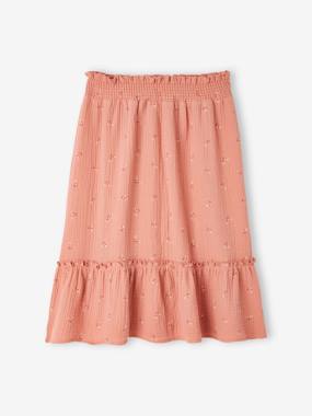 Girls-Skirts-Long Skirt in Cotton Gauze with Floral Print, for Girls