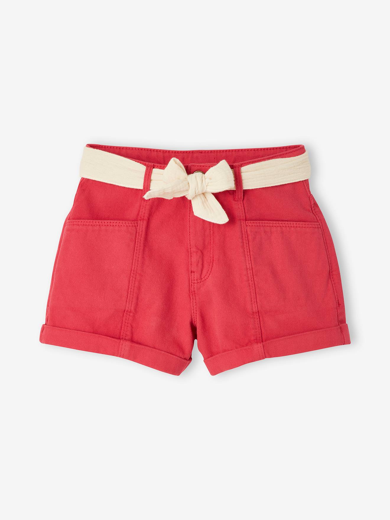 Baby Menagerry Curiosity Cotton Gauze Shorts with Tie Belt, for Girls - pink dark solid, Girls