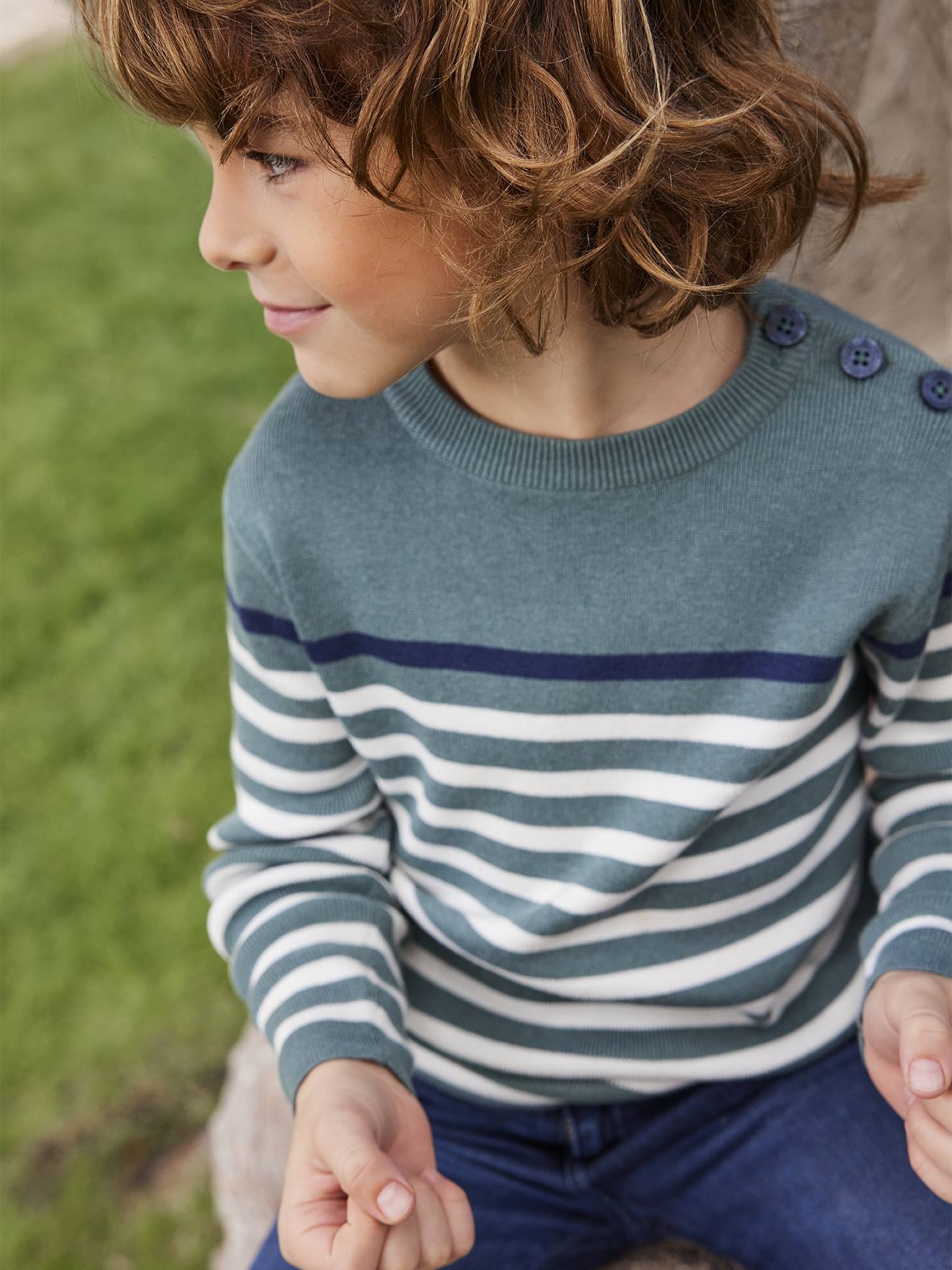 Sailor-Style Striped Jumper for Boys - green medium solid with desig, Boys