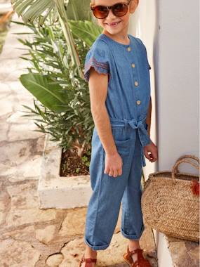 Girls-Dungarees & Playsuits-Chambray Jumpsuit, Embroidered Sleeves, for Girls
