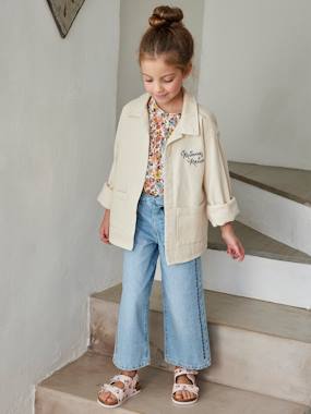Girls-Jeans-Wide Trousers with Embroidered Flowers, for Girls