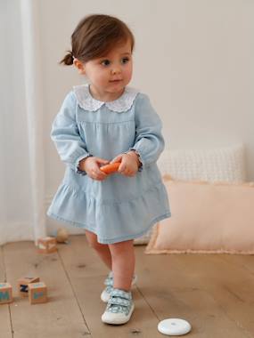 Denim Dress with Broderie Anglaise Collar for Babies  - vertbaudet enfant