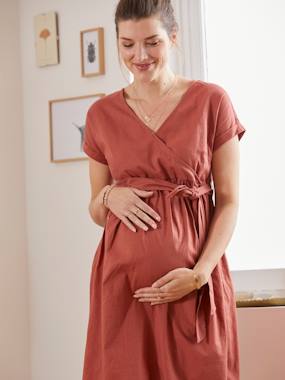 Maternity-Nursing Clothes-Long, Wrapover Dress in Linen & Cotton, Maternity & Nursing Special