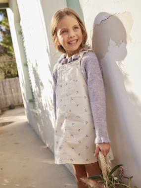 Girls-Dresses-Dungaree Dress with Flowers, Frilly Straps