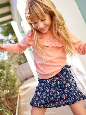 -Printed Wrapover Skirt with Ruffles, for Girls