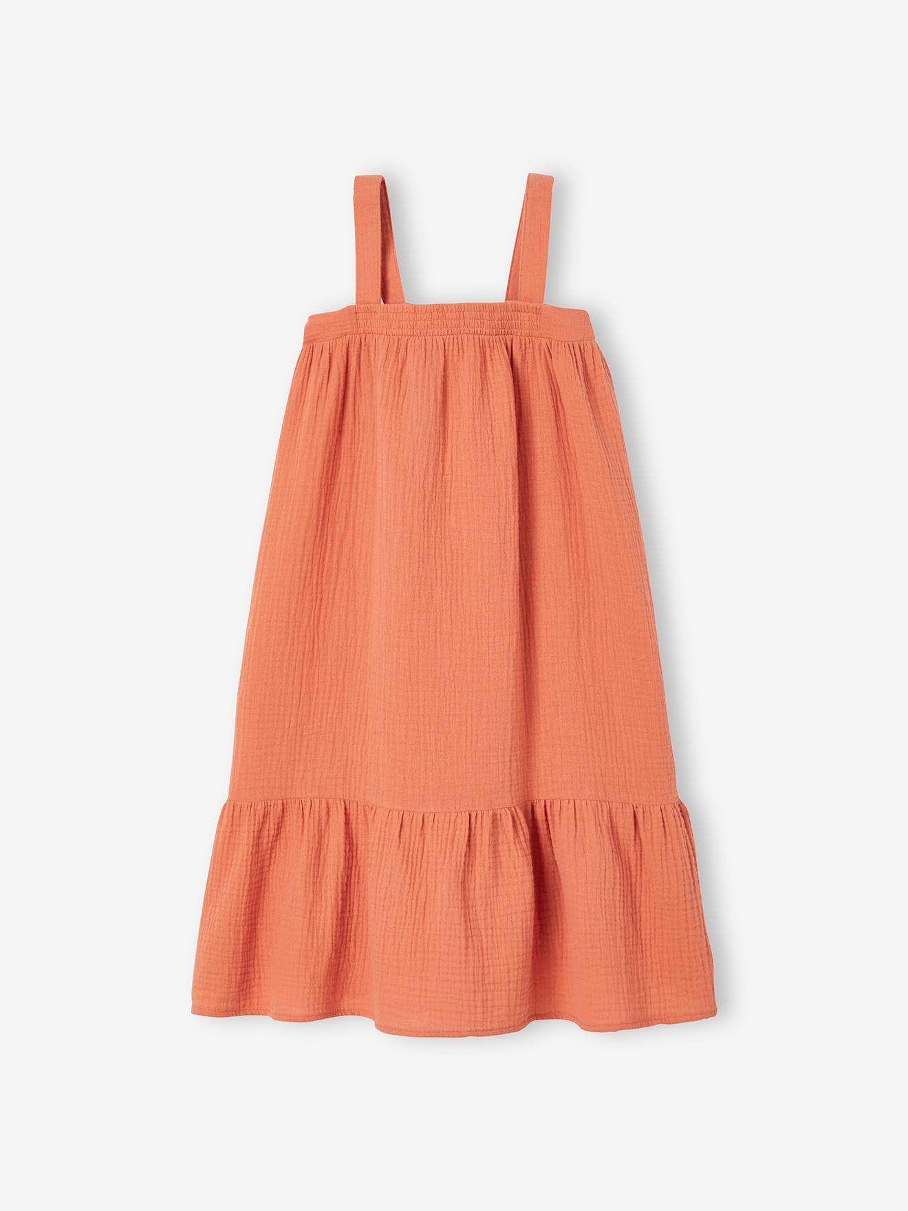 Long Cotton Gauze Dress for Girls orange bright solid Girls