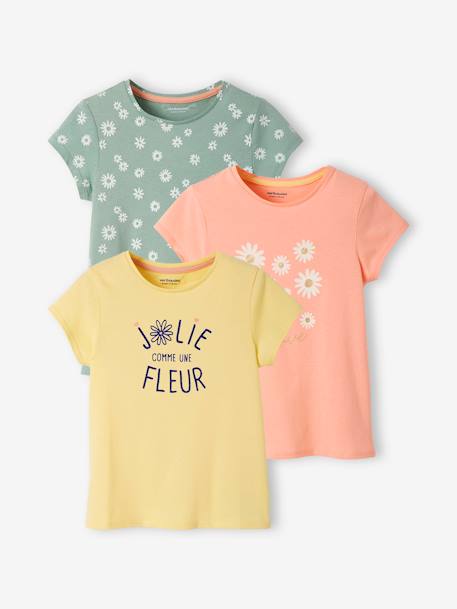 Pack of 3 Assorted T-shirts, Iridescent Details for Girls BLUE DARK SOLID WITH DESIGN+BROWN LIGHT SOLID WITH DESIGN+GREEN DARK SOLID WITH DESIGN+GREEN LIGHT SOLID WITH DESIGN - vertbaudet enfant 