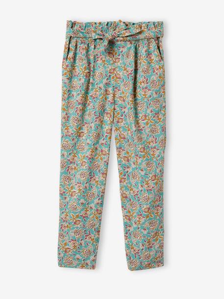 Fluid Cropped Trousers with Floral Print, for Girls BLUE LIGHT ALL OVER PRINTED+GREEN DARK ALL OVER PRINTED+WHITE DARK ALL OVER PRINTED+WHITE LIGHT ALL OVER PRINTED - vertbaudet enfant 