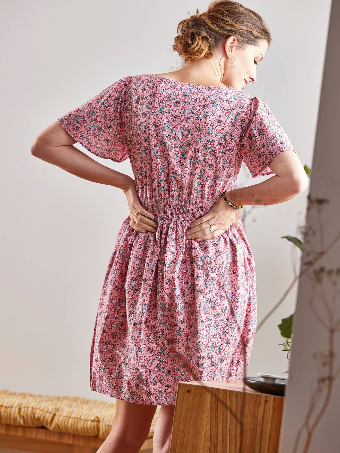 Cotton pink printed short maternity nursing dress 