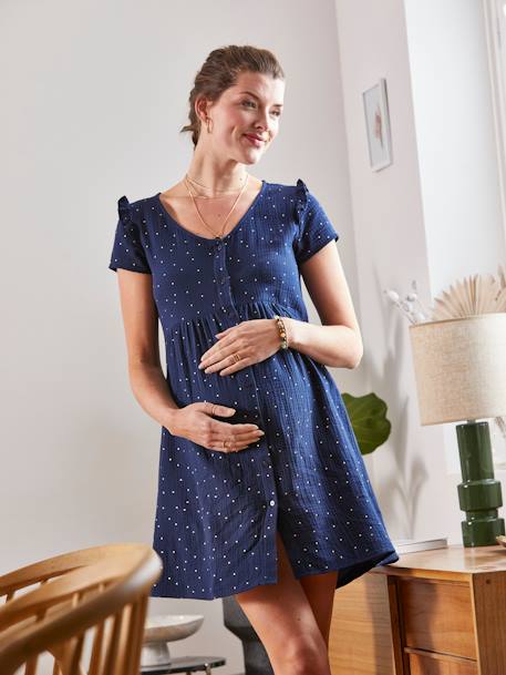 Cotton Gauze Dress, Maternity & Nursing Special BLUE BRIGHT ALL OVER PRINTED+Sage - vertbaudet enfant 