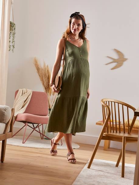 Cotton Gauze Dress with Thin Straps, Maternity & Nursing Special BLUE LIGHT SOLID+GREEN DARK SOLID - vertbaudet enfant 