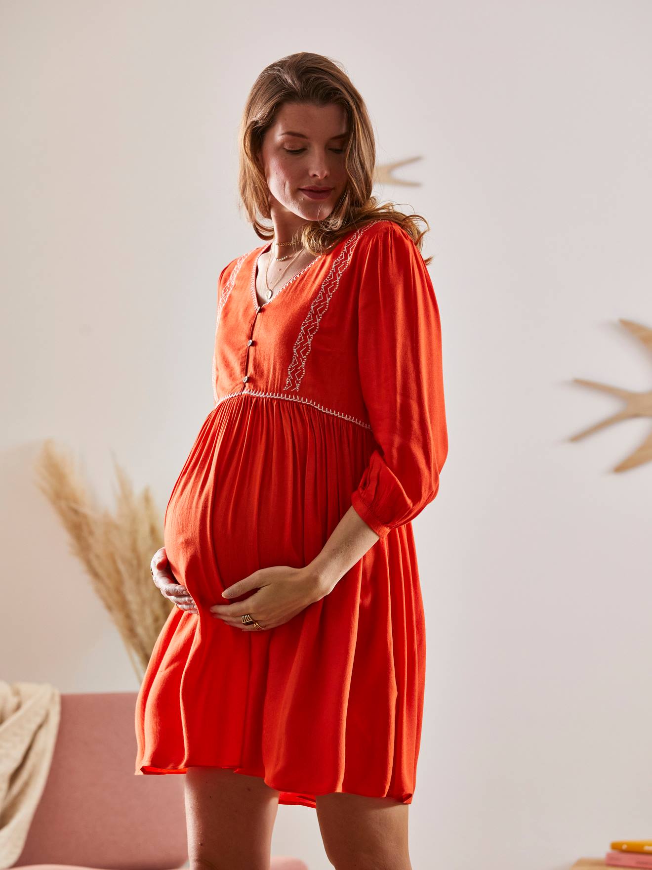 Robe en crêpe uni grossesse et allaitement - orange, Vêtements de