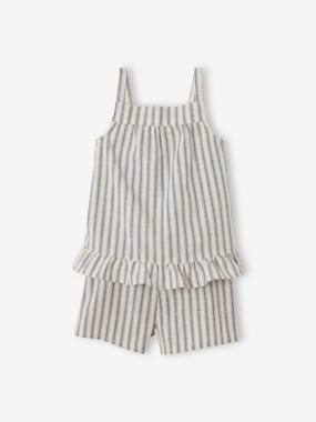 Girls-Outfits-Striped Combo: Ruffled Top with Matching Shorts, for Girls