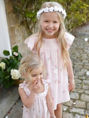 -Embroidered Dress in Cotton Gauze for Girls