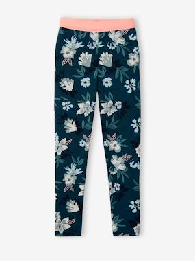 -Sports Leggings with Flower Print in Techno Fabric for Girls