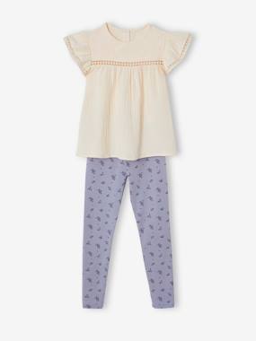Girls-Outfits-Printed Blouse & Leggings Ensemble, in Cotton Gauze, for Girls