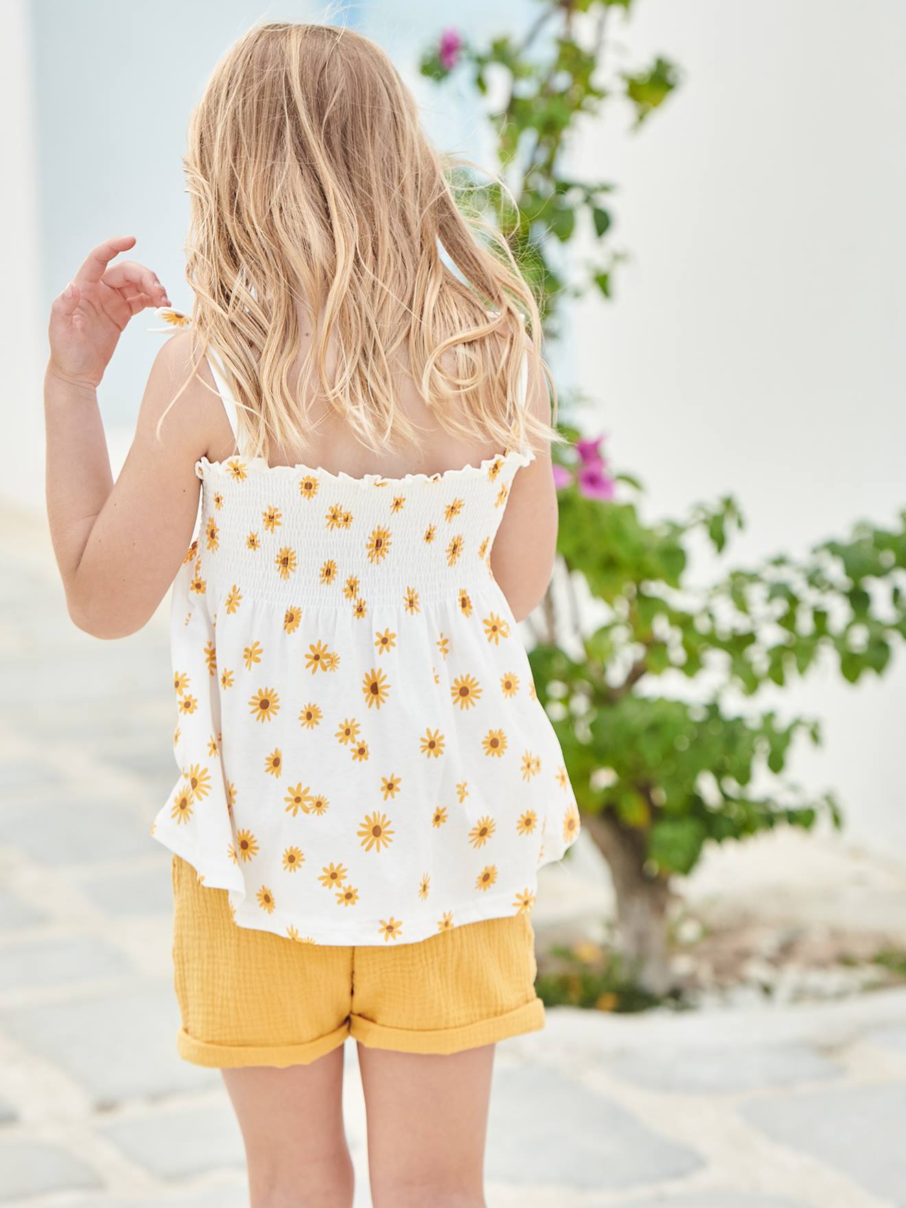 Smocked Floral Print Top, for Girls - white medium all over printed, Girls