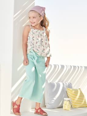 -Cropped Wide-Leg Trousers with Tie Belt for Girls