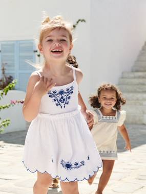 Girls-Dresses-Strappy Embroidered Dress, Linen Effect, for Girls