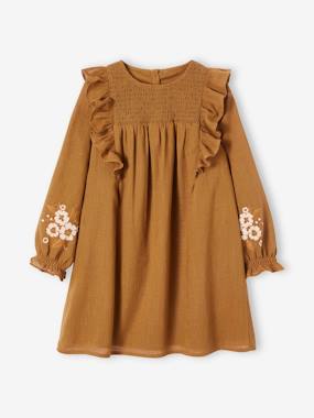 -Dress with Embroidered Smocking & Ruffled Sleeves for Girls