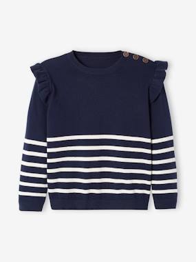 Girls-Cardigans, Jumpers & Sweatshirts-Striped Jumper with Ruffled Shoulders for Girls