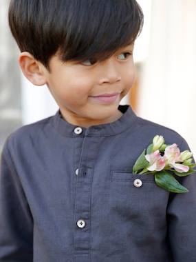 -Shirt in Linen/Cotton, Mandarin Collar, Long Sleeves, for Boys