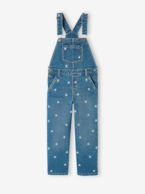 Girls-Denim Dungarees, Embroidered Flowers, Wide Legs, for Girls