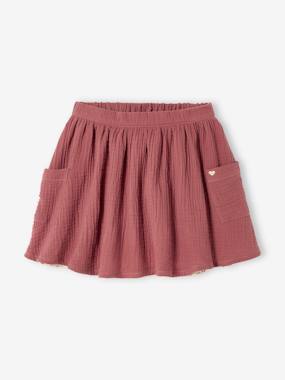 -Reversible Skirt, Plain or with Floral Print, for Girls