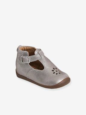 -T-Strap Shoes in Glittery Leather for Baby Girls, Designed for First Steps