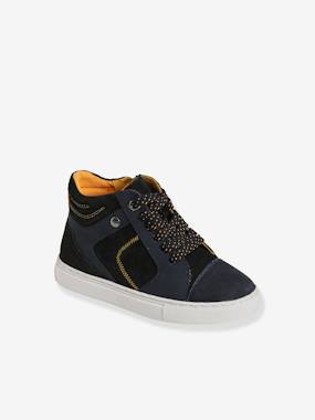 Shoes-High-Top Leather Trainers with Laces & Zip, for Boys