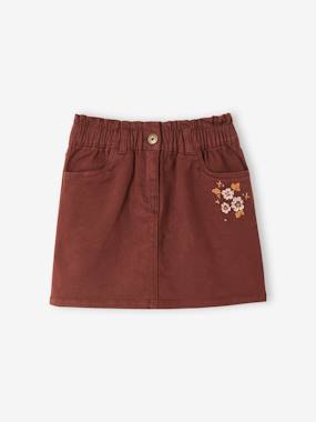 -Paperbag Skirt with Embroidered Flowers, for Girls