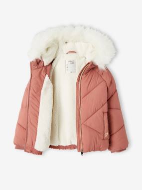 -Short Padded Jacket with Sherpa-Lined Hood for Girls