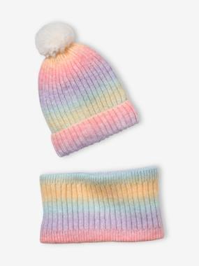 Fille-Accessoires-Bonnet, écharpe, gants-Ensemble bonnet et snood arc-en-ciel fille
