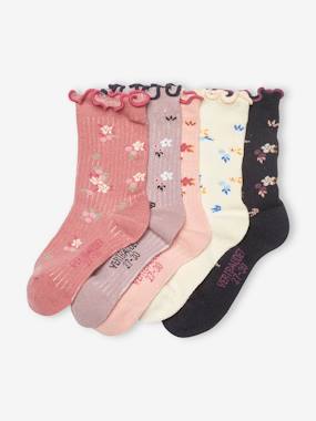 Girls-Pack of 5 pairs of Ruffled Socks with Flowers, for Girls
