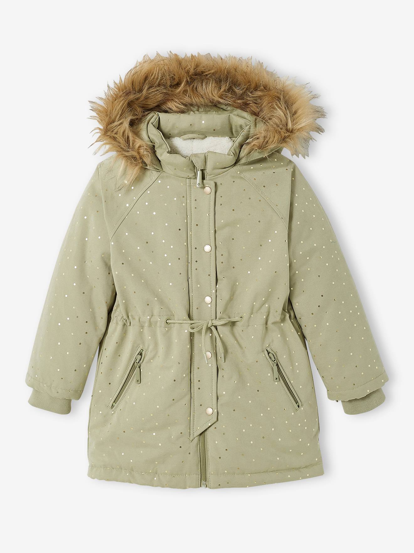 Hooded Parka with Iridescent Dots, Recycled Polyester Padding, for Girls -  green medium all over printed, Girls