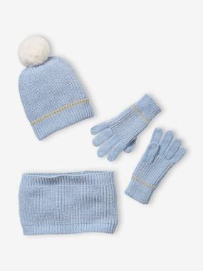 -Ensemble bonnet + snood + gants maille chenille fille
